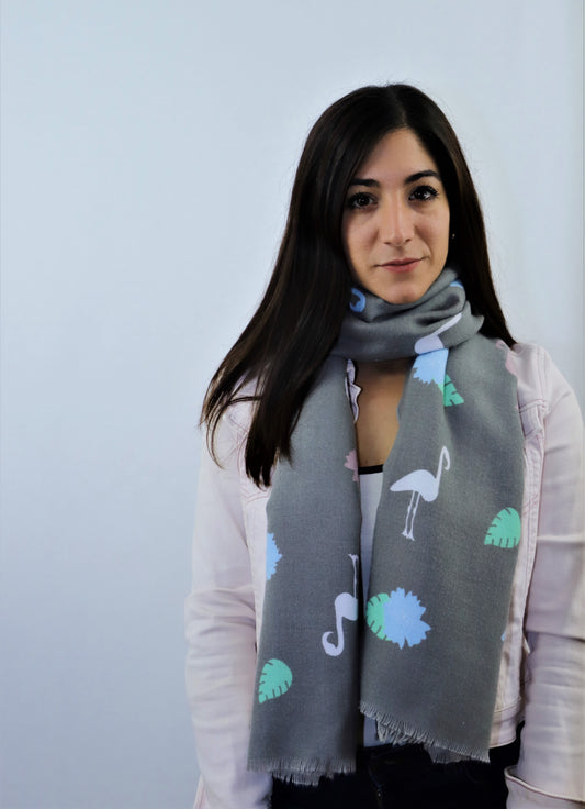 Soft Cotton Scarf for Women with Flamingo Print -  Medium Gray - Scarf Designers