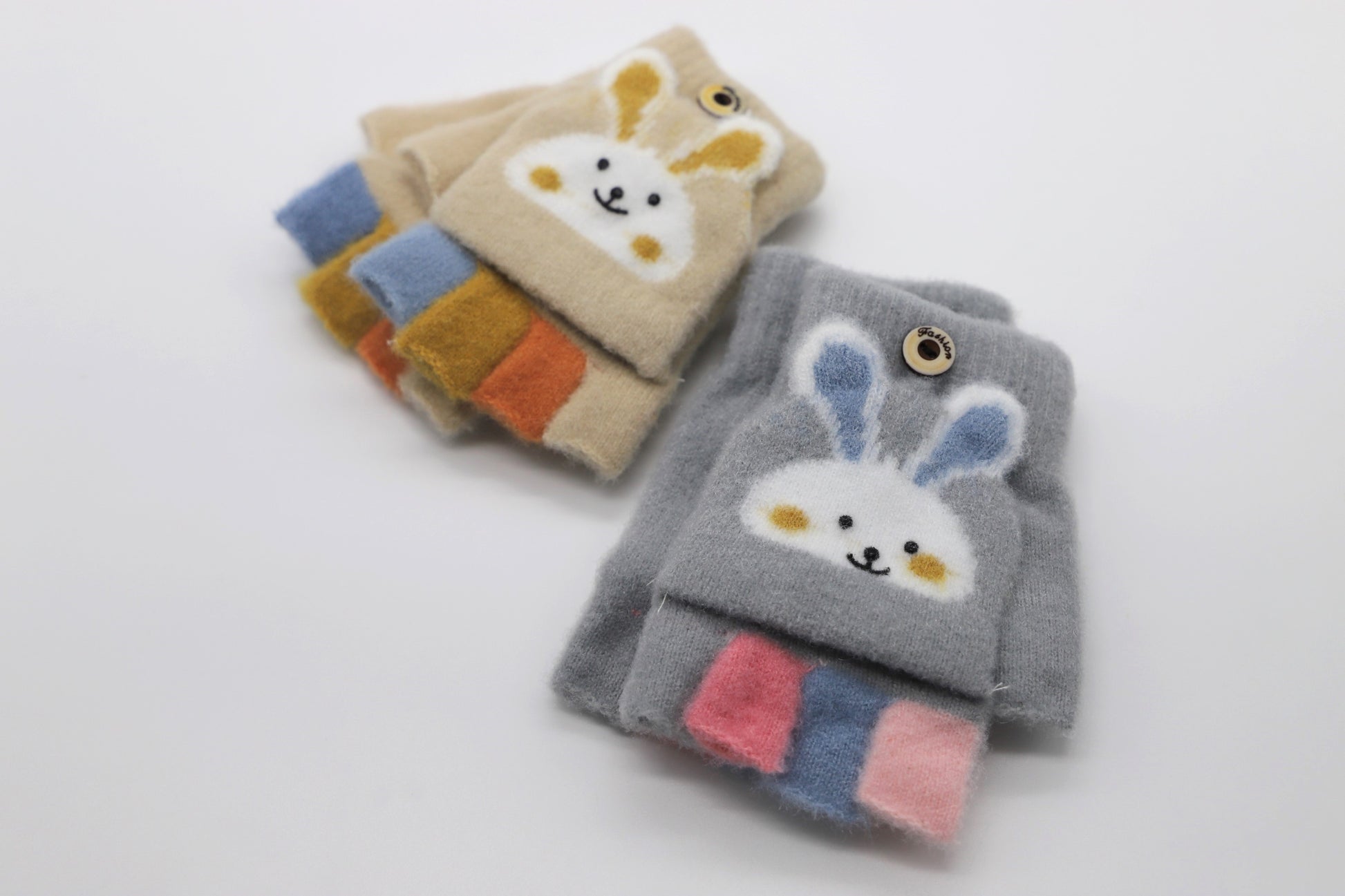Warm Flip Gloves for Kids with Cat - Sand Beige - Scarf Designers