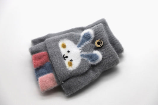 Warm Flip Gloves for Kids with Cat - Medium Gray - Scarf Designers