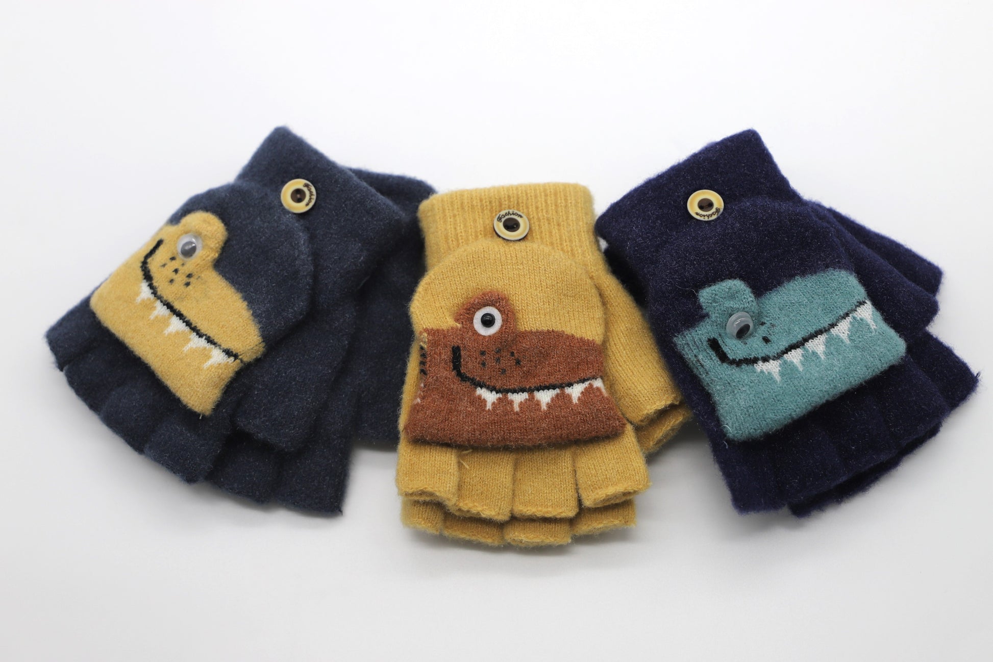 Warm Flip Gloves for Kids with Dinosaur - Navy Blue - Scarf Designers