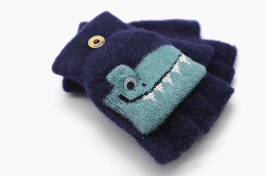 Warm Flip Gloves for Kids with Dinosaur - Navy Blue - Scarf Designers