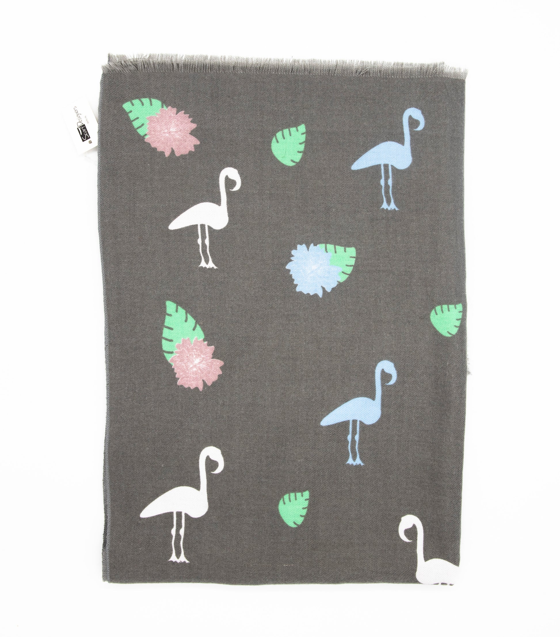 Soft Cotton Scarf for Women with Flamingo Print -  Medium Gray - Scarf Designers