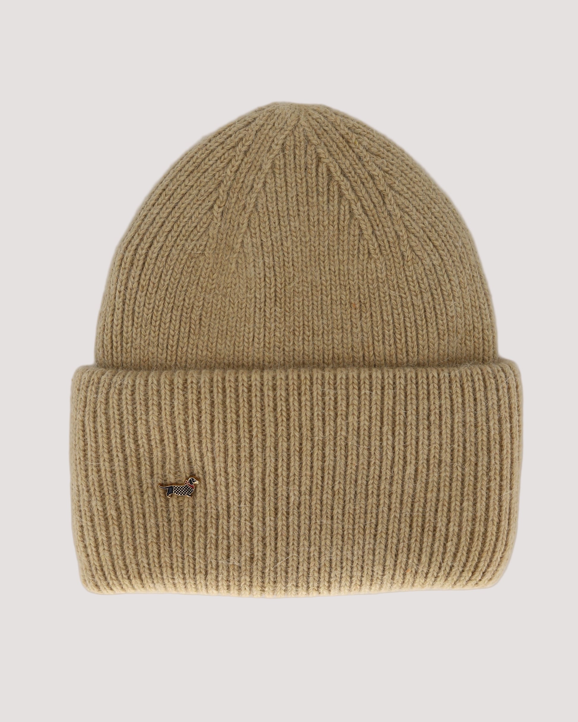 A caramel beige colored beanie hat made of angora and wool, displayed against a neutral background.