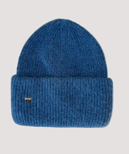 Blue knit angora beanie in cornflower blue color with an elegant dragonfly brooch on the side