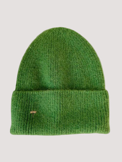 Green knit angora beanie in forest green with a small logo for staying warm in winter days.