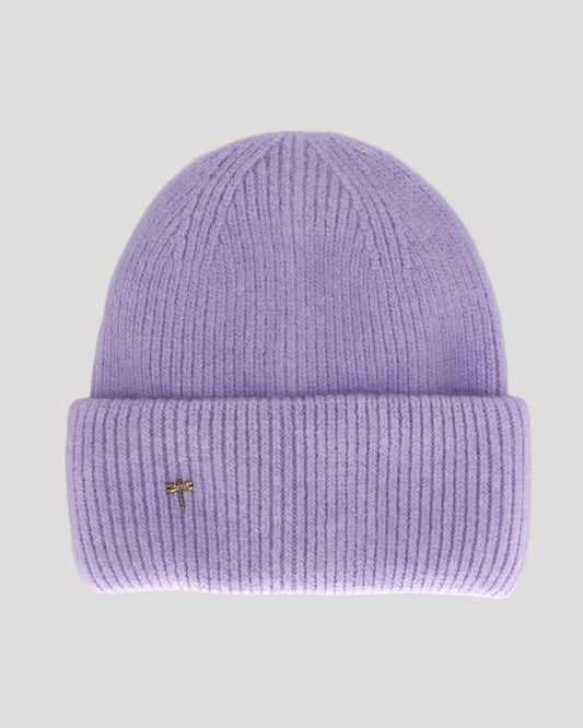 A soft lavender colored beanie hat made from a blend of angora and sheep wool with a ribbed texture.
