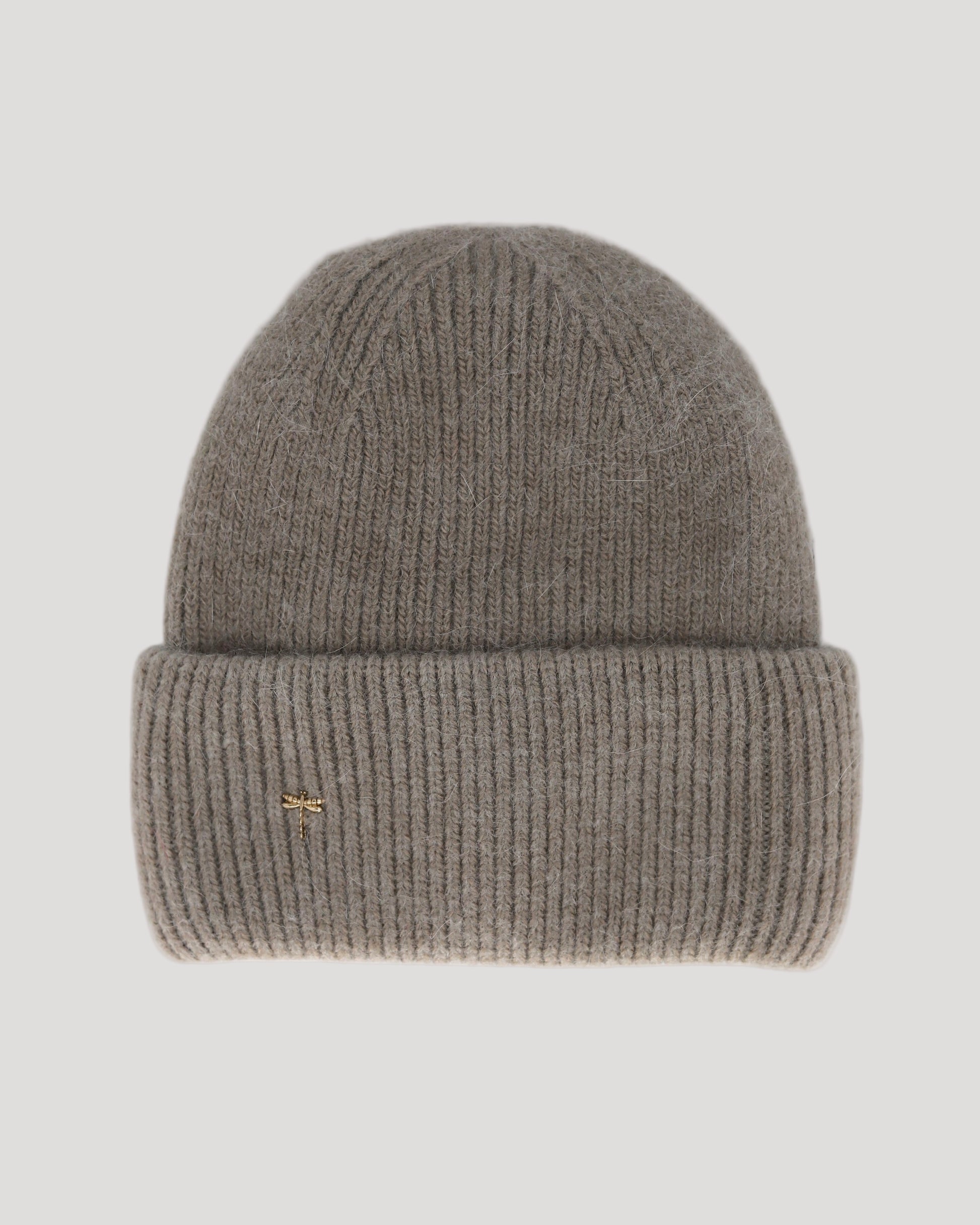A taupe brown beanie hat made of angora and wool, displayed on a plain background.
