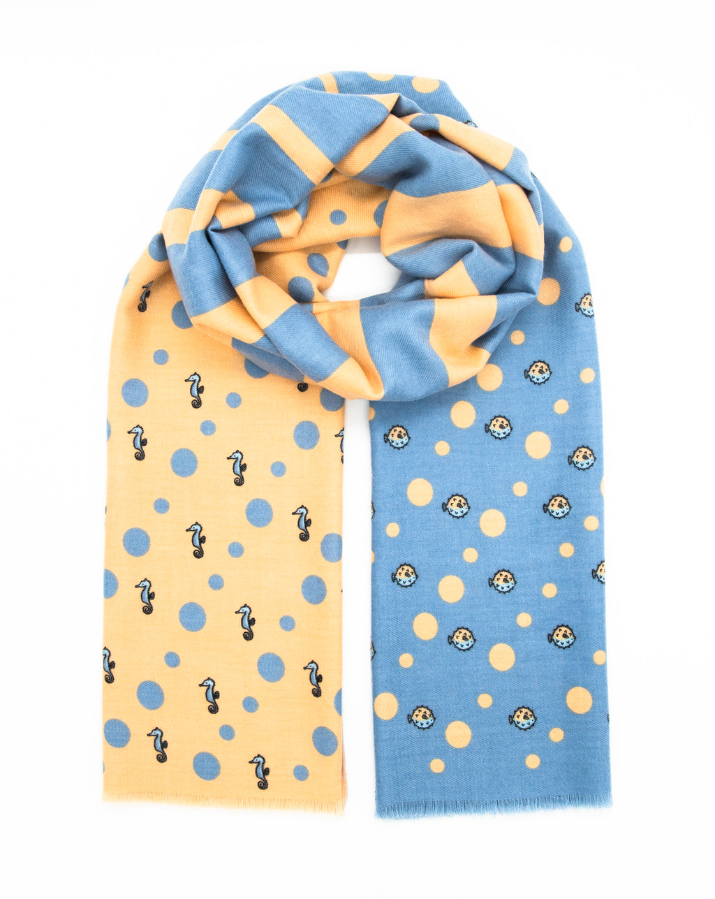 Beige and light blue scarf with marine pattern, sea horse and blow fish patterns. Scarves for women. Scarves for men.