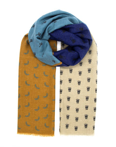 Colorful scarf with funny banana, palms, mustache and beard pattern and trendy colors like blue, turquoise, bronze and pale brown. Scarves for women. Scarves for men.