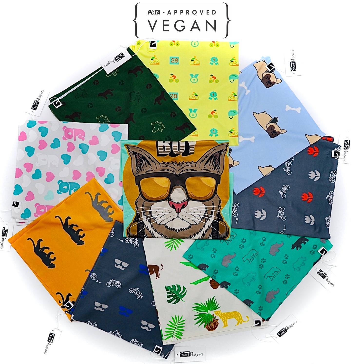 This is a unisex, multifunctional and sustainable bandana with a cat print in light green. It is made from recycled polyester which is breathable, durable, soft to touch, easy to care and fast drying material. It makes it perfectly suitable for all kinds of sports like biking, hiking, jogging or skiing. This is a versatile bandana that can be used as a scarf, face mask, bandana or headband and it is also known as tube scarf, neck gaiter or face mask. It is a vegan product certified by PETA.