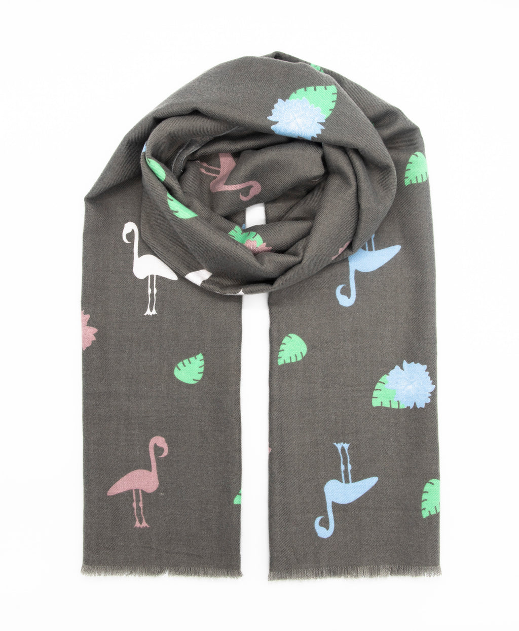 Stylish scarf with flamingos and flowers design in trendy colors such as grey, pink, green and light blue. Scarves for women. Scarves for men.
