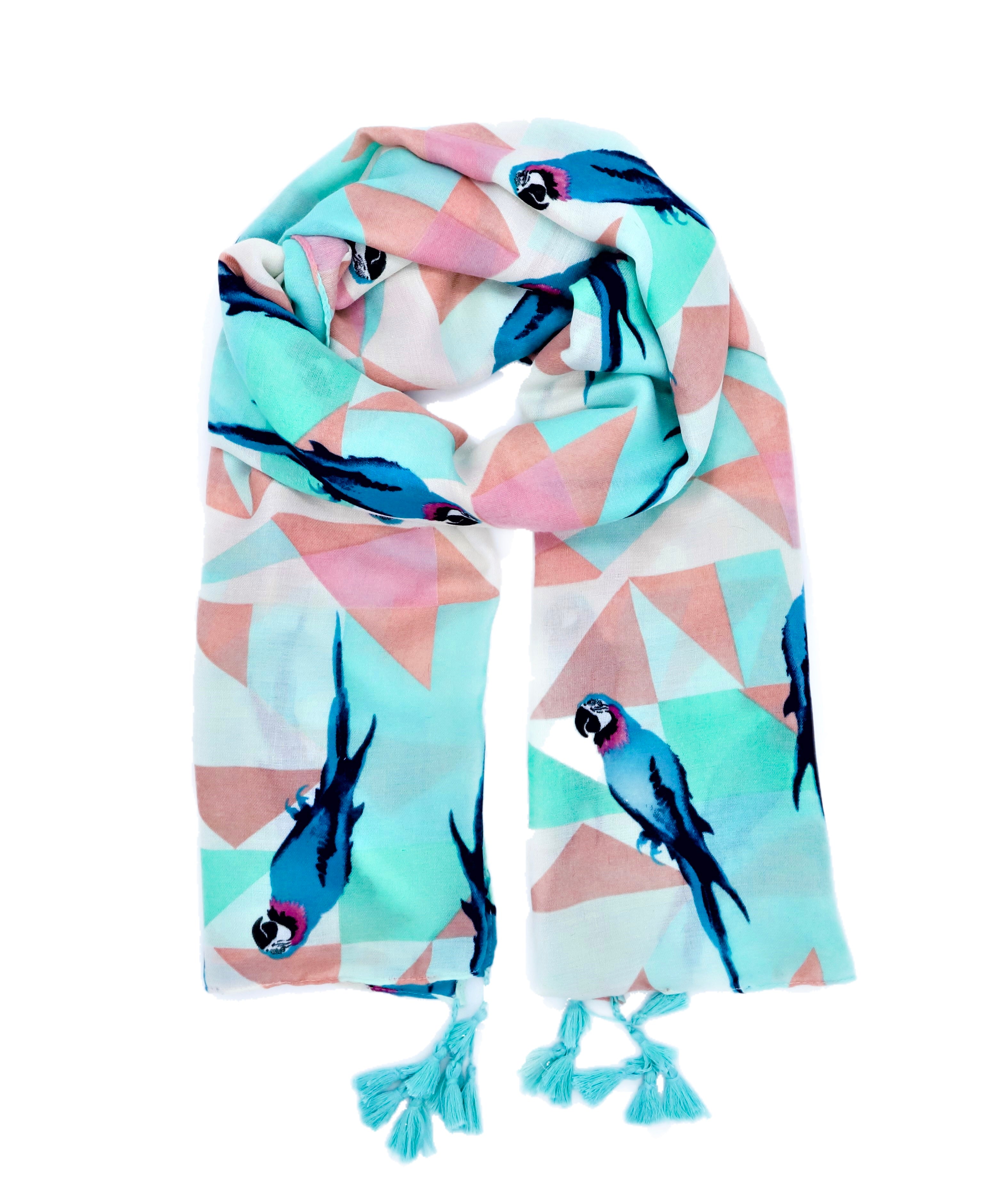 Scarf with parrot pattern. Scarf for women. Pareo, Rose, green, blue scarf. Wrap yourself up a great selection of fashion scarves for women and men at Scarf Designers online. FREE SHIPPING in all EUROPE. Discover new textures, cosy materials and modern prints. Make a pretty addition to your look with fashion scarves available in adaptable colours, a wide range of sizes and timeless styles.