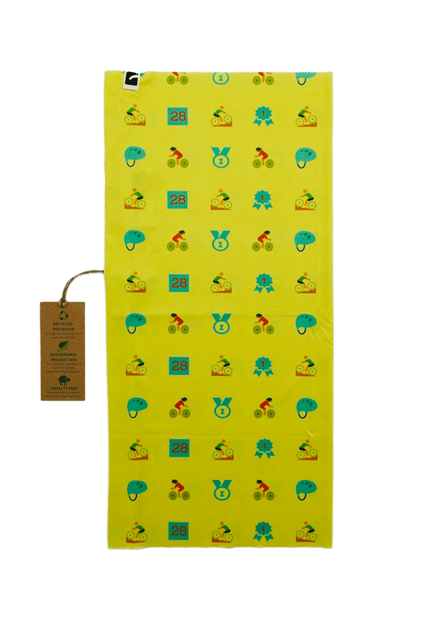 This is a unisex, multifunctional and sustainable bandana with bike and cycling print in yellow. It is made from recycled polyester which is breathable, durable, soft to touch, easy to care and fast drying material. It makes it perfectly suitable for all kinds of sports like biking, hiking, jogging or skiing. This is a versatile bandana that can be used as a scarf, face mask, bandana or headband and it is also known as tube scarf, neck gaiter or face mask. It is a vegan product certified by PETA.