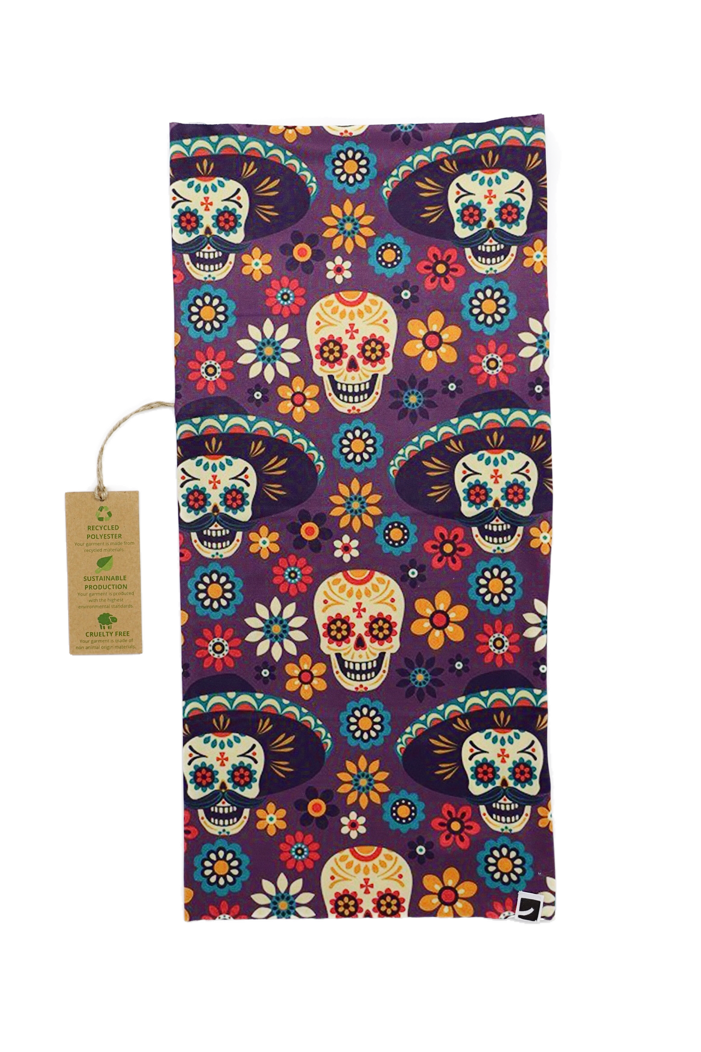 This is a unisex, multifunctional and sustainable bandana with Mexican skull print. It is made from recycled polyester which is breathable, durable, soft to touch, easy to care and fast drying material. It makes it perfectly suitable for all kinds of sports like biking, hiking, jogging or skiing. This is a versatile bandana that can be used as a scarf, face mask, bandana or headband and it is also known as tube scarf, neck gaiter or face mask. It is a vegan product certified by PETA.