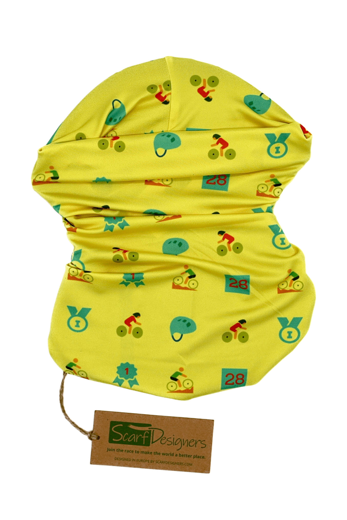 This is a unisex, multifunctional and sustainable bandana with bike and cycling print in yellow. It is made from recycled polyester which is breathable, durable, soft to touch, easy to care and fast drying material. It makes it perfectly suitable for all kinds of sports like biking, hiking, jogging or skiing. This is a versatile bandana that can be used as a scarf, face mask, bandana or headband and it is also known as tube scarf, neck gaiter or face mask. It is a vegan product certified by PETA.