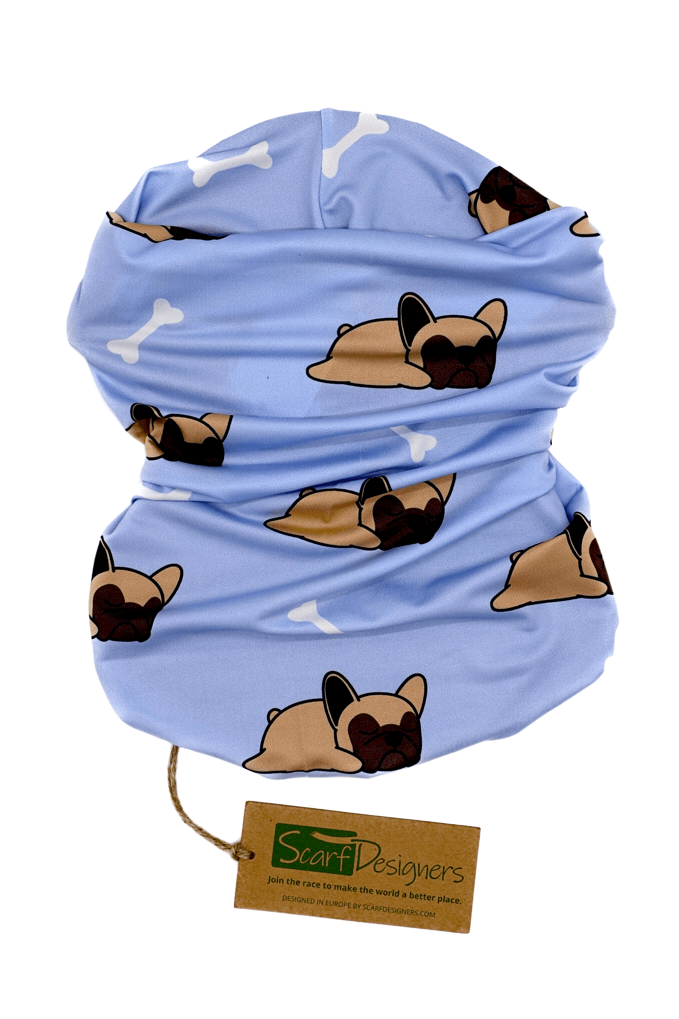 This is a unisex, multifunctional and sustainable bandana with a French Bulldog print in light blue. It is made from recycled polyester which is breathable, durable, soft to touch, easy to care and fast drying material. It makes it perfectly suitable for all kinds of sports like biking, hiking, jogging or skiing. This is a versatile bandana that can be used as a scarf, face mask, bandana or headband and it is also known as tube scarf, neck gaiter or face mask. It is a vegan product certified by PETA.