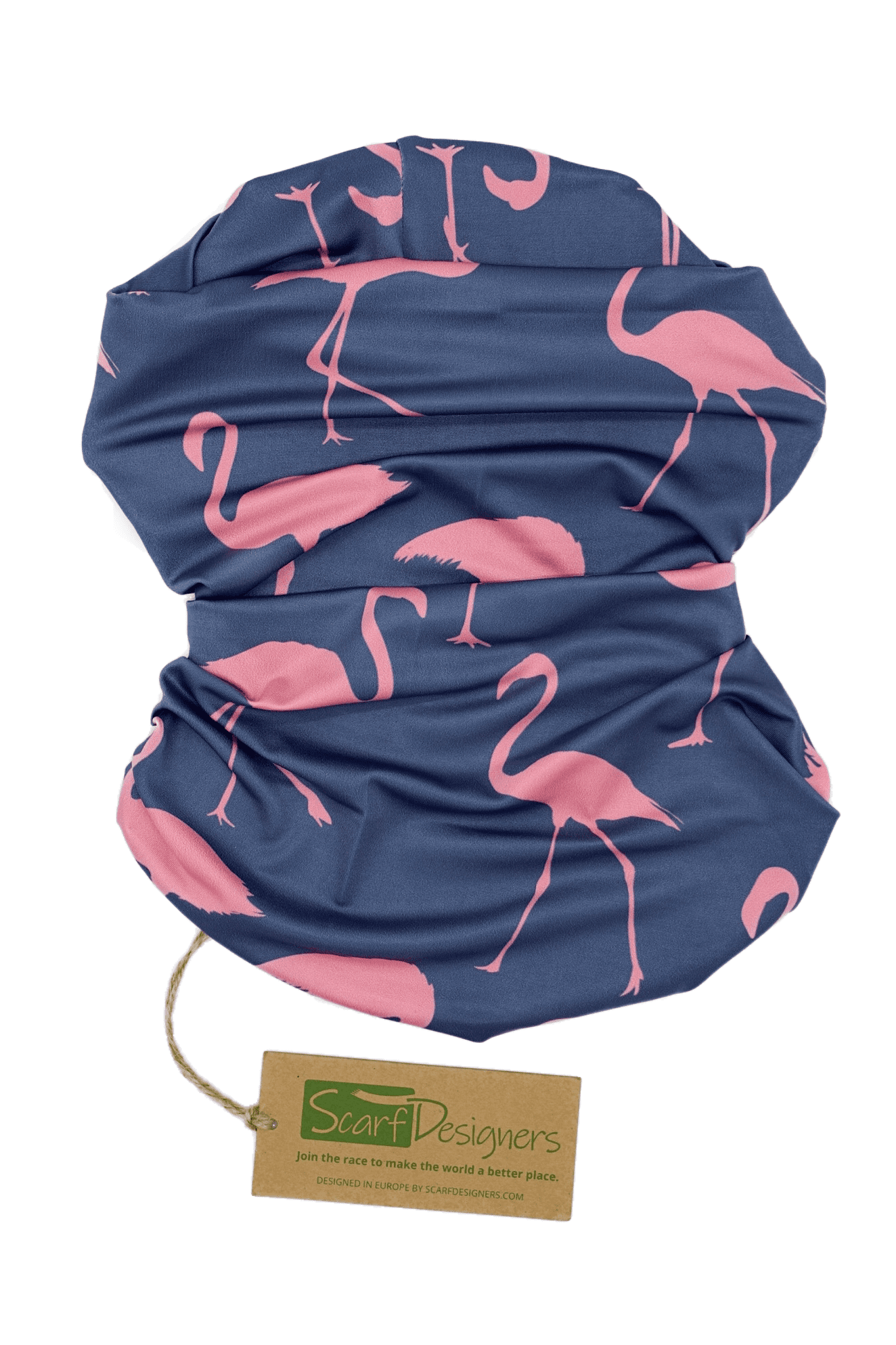 This is a multifunctional and sustainable bandana for women with flamingo print. It is made from recycled polyester which is breathable, durable, soft to touch, easy to care and fast drying material. It makes it perfectly suitable for all kinds of sports like biking, hiking, jogging or skiing. This is a versatile bandana that can be used as a scarf, face mask, bandana or headband and it is also known as tube scarf, neck gaiter or face mask. It is a vegan product certified by PETA.