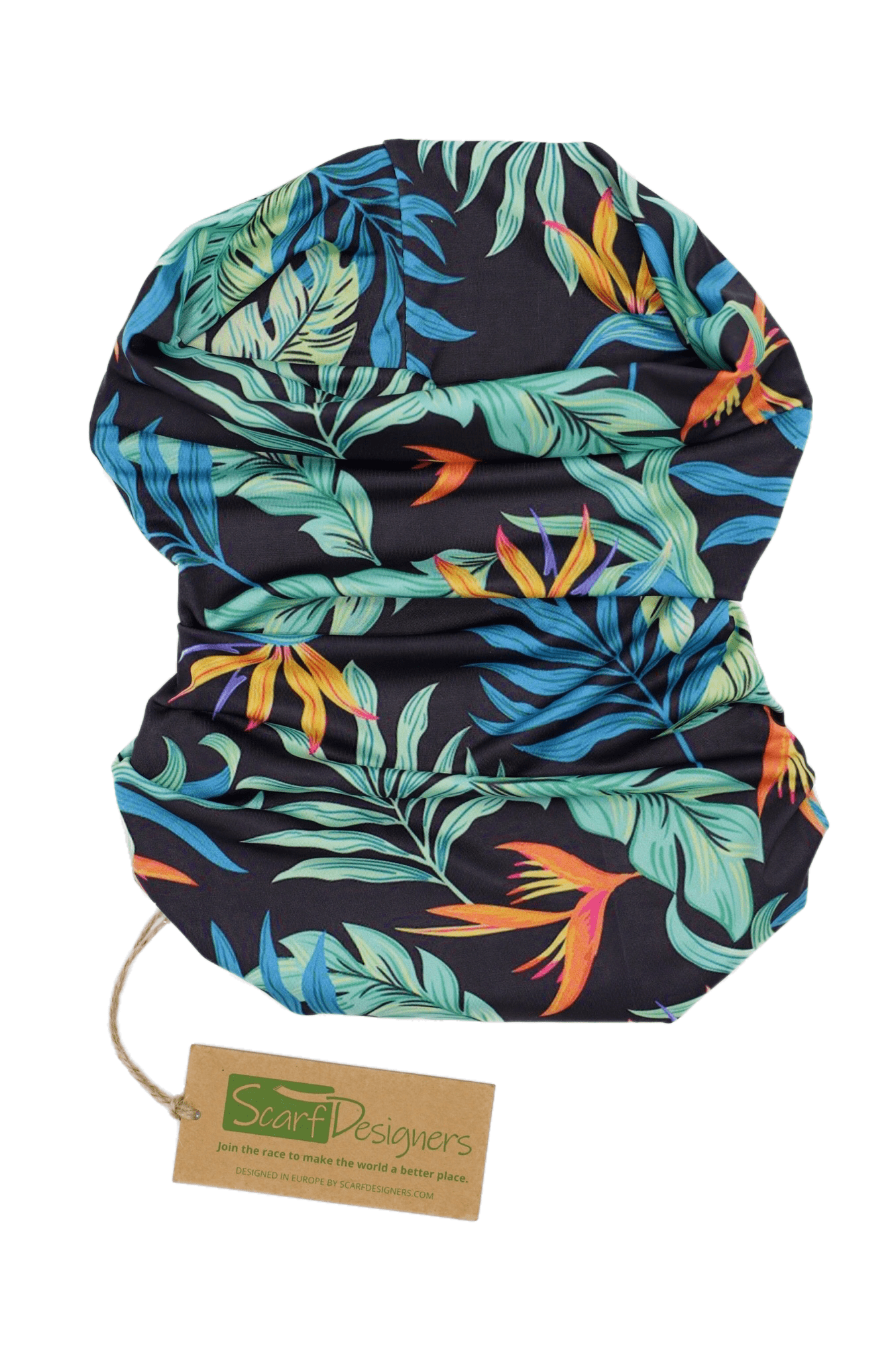 This is a multifunctional and sustainable bandana for women with exotic floral print. It is made from recycled polyester which is breathable, durable, soft to touch, easy to care and fast drying material. It makes it perfectly suitable for all kinds of sports like biking, hiking, jogging or skiing. This is a versatile bandana that can be used as a scarf, face mask, bandana or headband and it is also known as tube scarf, neck gaiter or face mask. It is a vegan product certified by PETA.