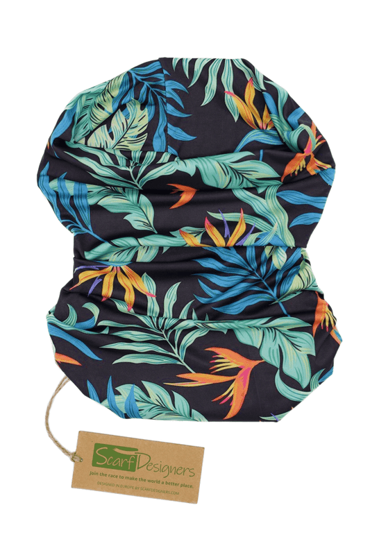Bandana from recycled polyester in tropical pattern in black - Scarf Designers