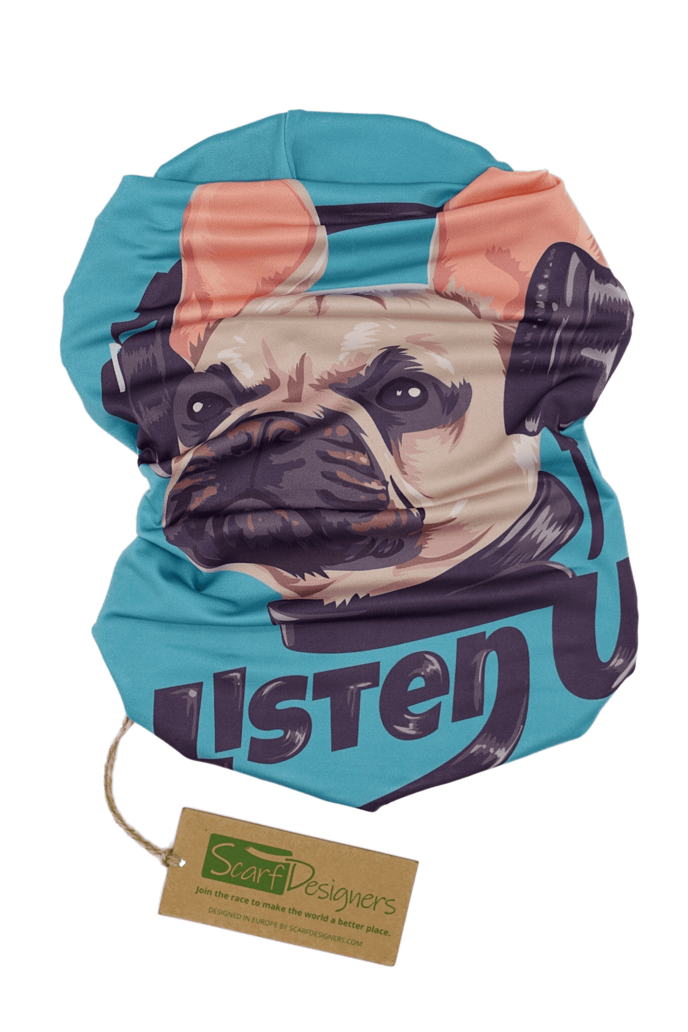 This is a unisex, multifunctional and sustainable bandana with a French Bulldog print in blue. It is made from recycled polyester which is breathable, durable, soft to touch, easy to care and fast drying material. It makes it perfectly suitable for all kinds of sports like biking, hiking, jogging or skiing. This is a versatile bandana that can be used as a scarf, face mask, bandana or headband and it is also known as tube scarf, neck gaiter or face mask. It is a vegan product certified by PETA.