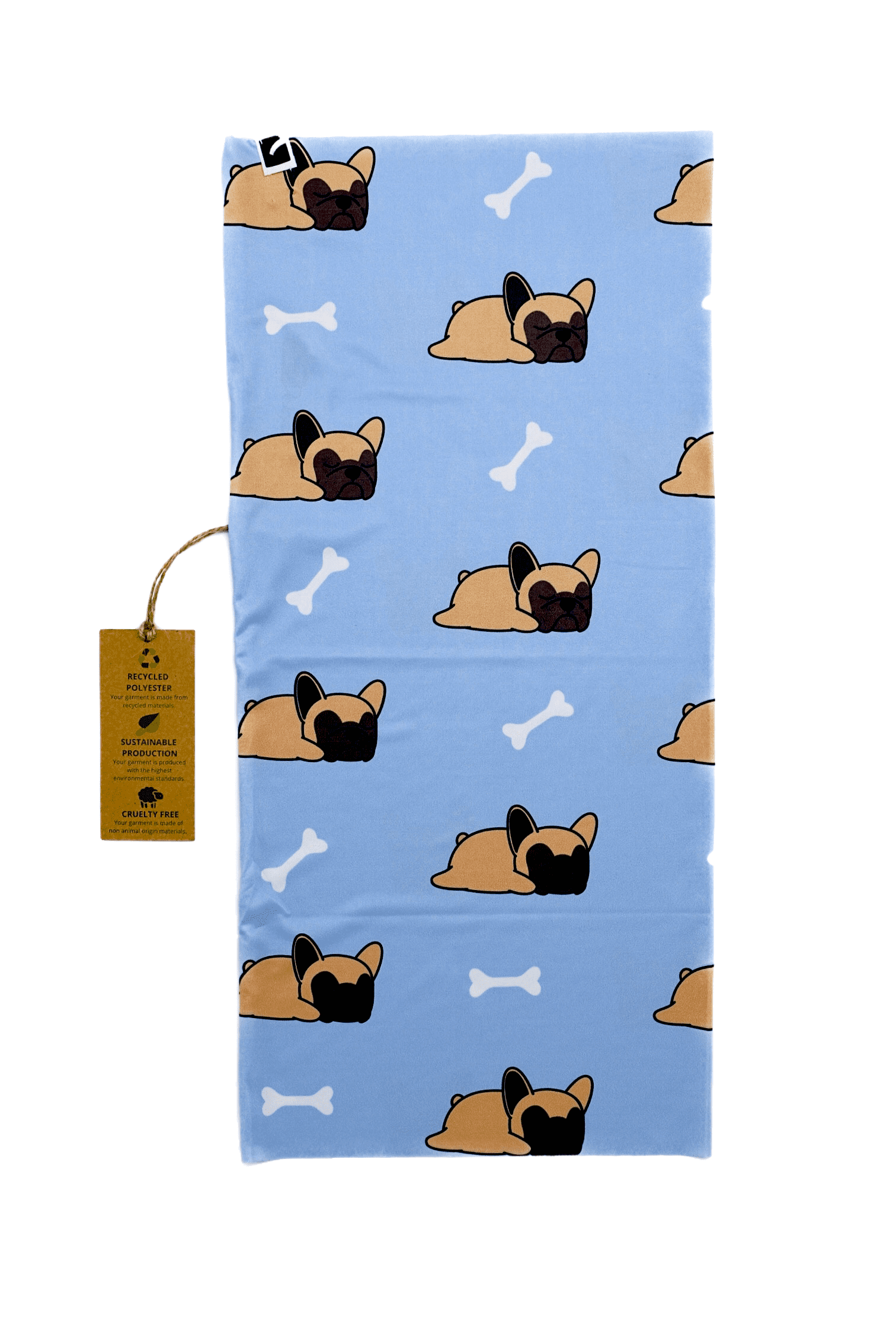 This is a unisex, multifunctional and sustainable bandana with a French Bulldog print in light blue. It is made from recycled polyester which is breathable, durable, soft to touch, easy to care and fast drying material. It makes it perfectly suitable for all kinds of sports like biking, hiking, jogging or skiing. This is a versatile bandana that can be used as a scarf, face mask, bandana or headband and it is also known as tube scarf, neck gaiter or face mask. It is a vegan product certified by PETA.