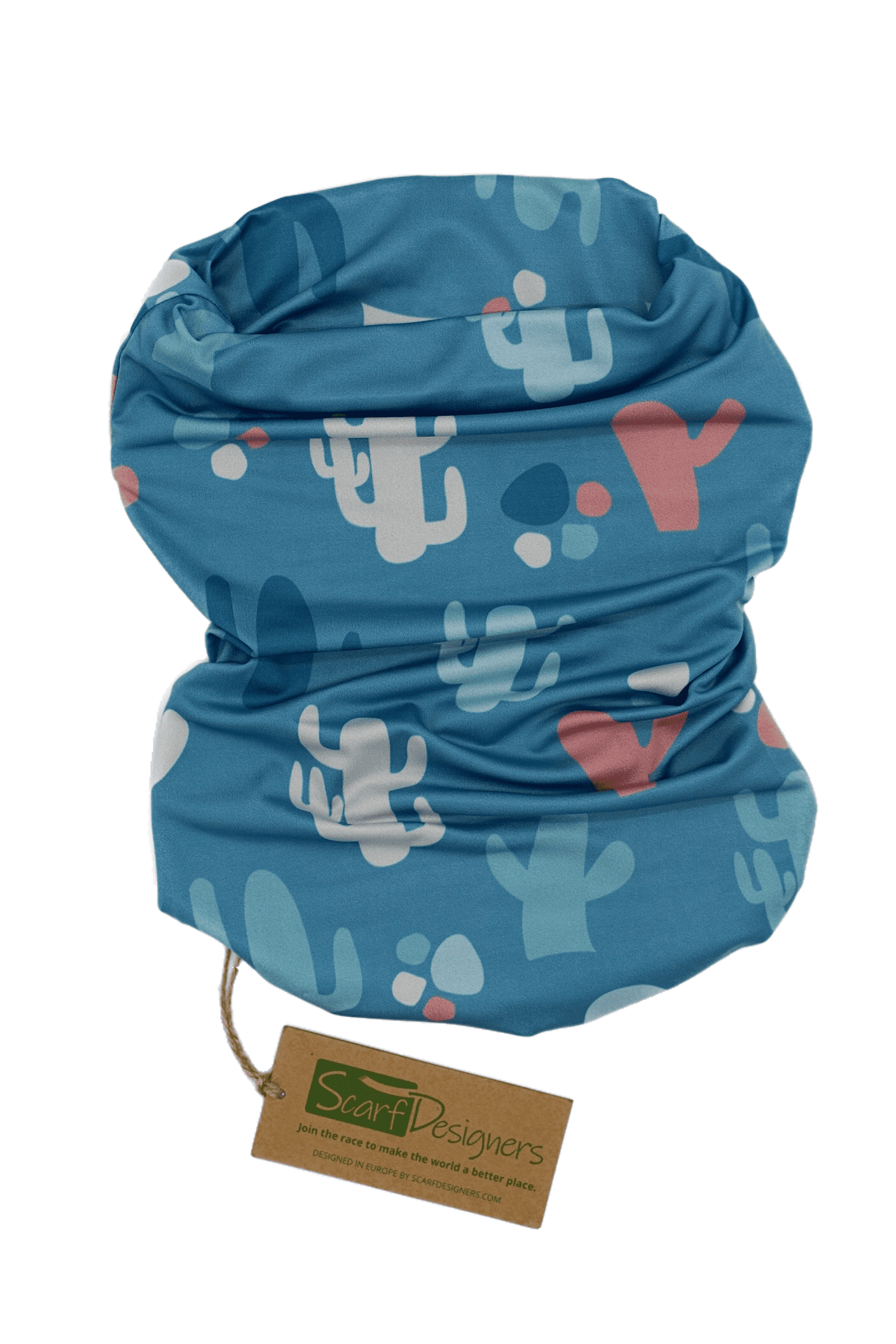 This is a unisex, multifunctional and sustainable bandana with cactus print in blue. It is made from recycled polyester which is breathable, durable, soft to touch, easy to care and fast drying material. It makes it perfectly suitable for all kinds of sports like biking, hiking, jogging or skiing. This is a versatile bandana that can be used as a scarf, face mask, bandana or headband and it is also known as tube scarf, neck gaiter or face mask. It is a vegan product certified by PETA.