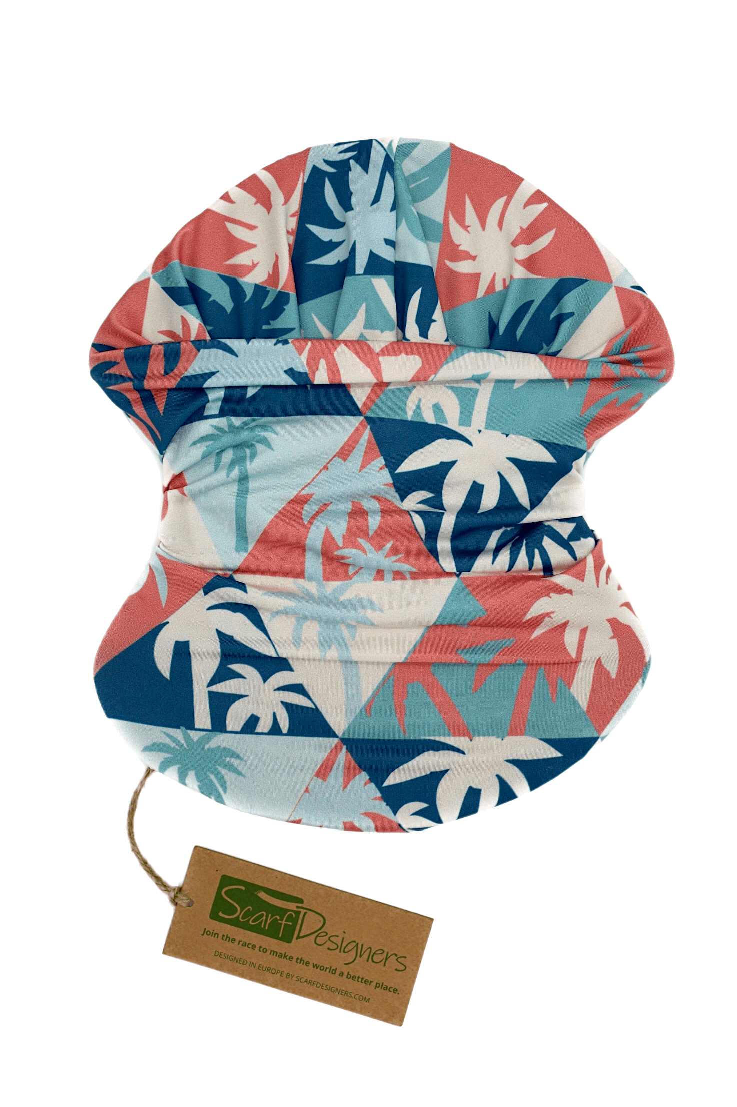 This is a unisex, multifunctional and sustainable bandana with palm print. It is made from recycled polyester which is breathable, durable, soft to touch, easy to care and fast drying material. It makes it perfectly suitable for all kinds of sports like biking, hiking, jogging or skiing. This is a versatile bandana that can be used as a scarf, face mask, bandana or headband and it is also known as tube scarf, neck gaiter or face mask. It is a vegan product certified by PETA.