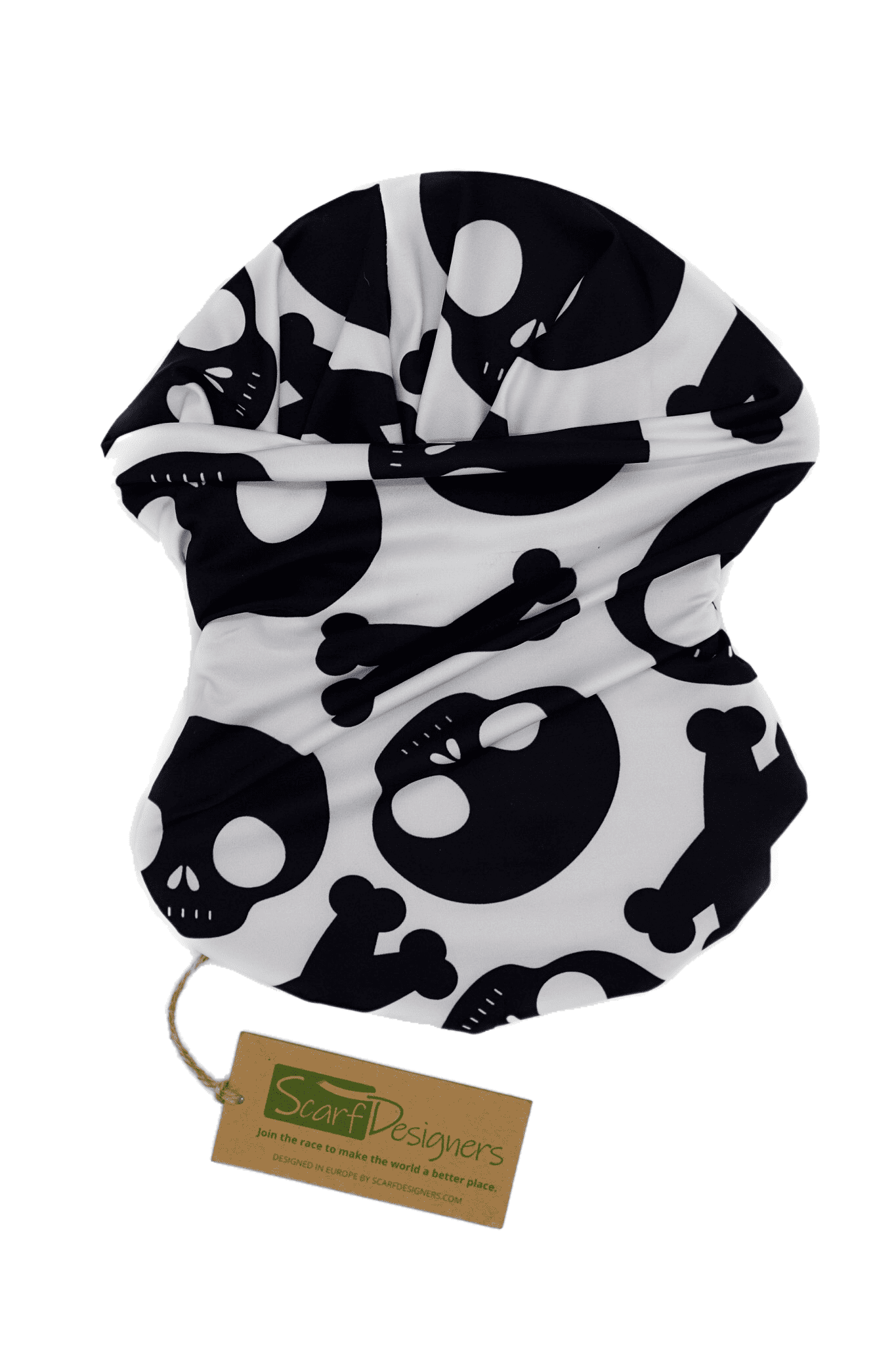 This is a unisex, multifunctional and sustainable bandana with a skull design in white and black. It is made from recycled polyester which is breathable, durable, soft to touch, easy to care and fast drying material. It makes it perfectly suitable for all kinds of sports like biking, hiking, jogging or skiing. This is a versatile bandana that can be used as a scarf, face mask, bandana or headband and it is also known as tube scarf, neck gaiter or face mask. It is a vegan product certified by PETA.