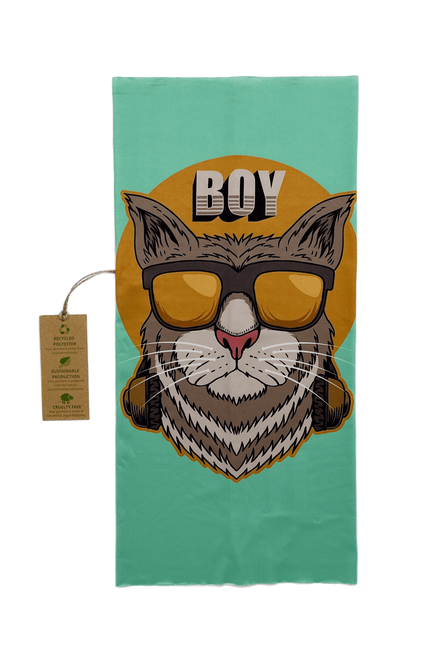 This is a unisex, multifunctional and sustainable bandana with a cat print in light green. It is made from recycled polyester which is breathable, durable, soft to touch, easy to care and fast drying material. It makes it perfectly suitable for all kinds of sports like biking, hiking, jogging or skiing. This is a versatile bandana that can be used as a scarf, face mask, bandana or headband and it is also known as tube scarf, neck gaiter or face mask. It is a vegan product certified by PETA.