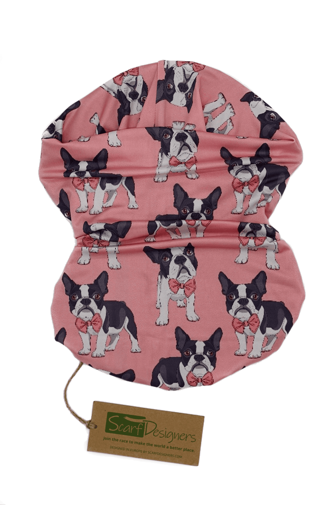 This is a multifunctional and sustainable bandana for women with a French Bulldog print in pink. It is made from recycled polyester which is breathable, durable, soft to touch, easy to care and fast drying material. It makes it perfectly suitable for all kinds of sports like biking, hiking, jogging or skiing. This is a versatile bandana that can be used as a scarf, face mask, bandana or headband and it is also known as tube scarf, neck gaiter or face mask. It is a vegan product certified by PETA.