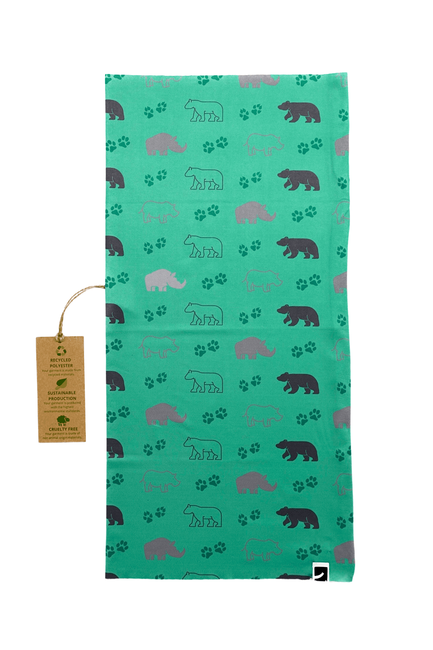 This is a unisex, multifunctional and sustainable bandana with animal print of bears and rhinoceros. It is made from recycled polyester which is breathable, durable, soft to touch, easy to care and fast drying material. It makes it perfectly suitable for all kinds of sports like biking, hiking, jogging or skiing. This is a versatile bandana that can be used as a scarf, face mask, bandana or headband and it is also known as tube scarf, neck gaiter or face mask. It is a vegan product certified by PETA.