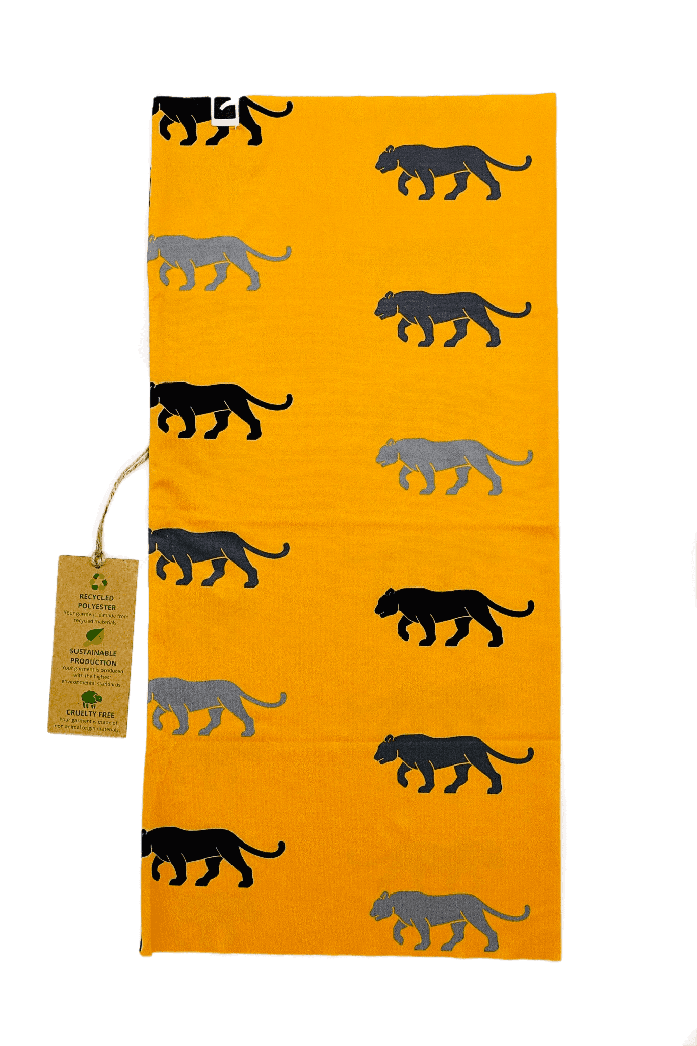 This is a unisex, multifunctional and sustainable bandana with animal print of a tiger in orange. It is made from recycled polyester which is breathable, durable, soft to touch, easy to care and fast drying material. It makes it perfectly suitable for all kinds of sports like biking, hiking, jogging or skiing. This is a versatile bandana that can be used as a scarf, face mask, bandana or headband and it is also known as tube scarf, neck gaiter or face mask. It is a vegan product certified by PETA.