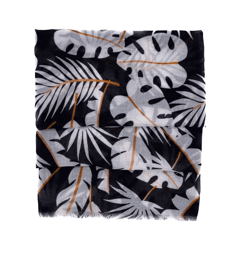 This cotton scarf is our elegant, soft and light scarf for women designed with tropical flowers pattern in black and white colors with elements of orange to give you a happy, fresh and modern look. This is a sustainable and vegan scarf made from 75% cotton and 25%  recycled polyester.