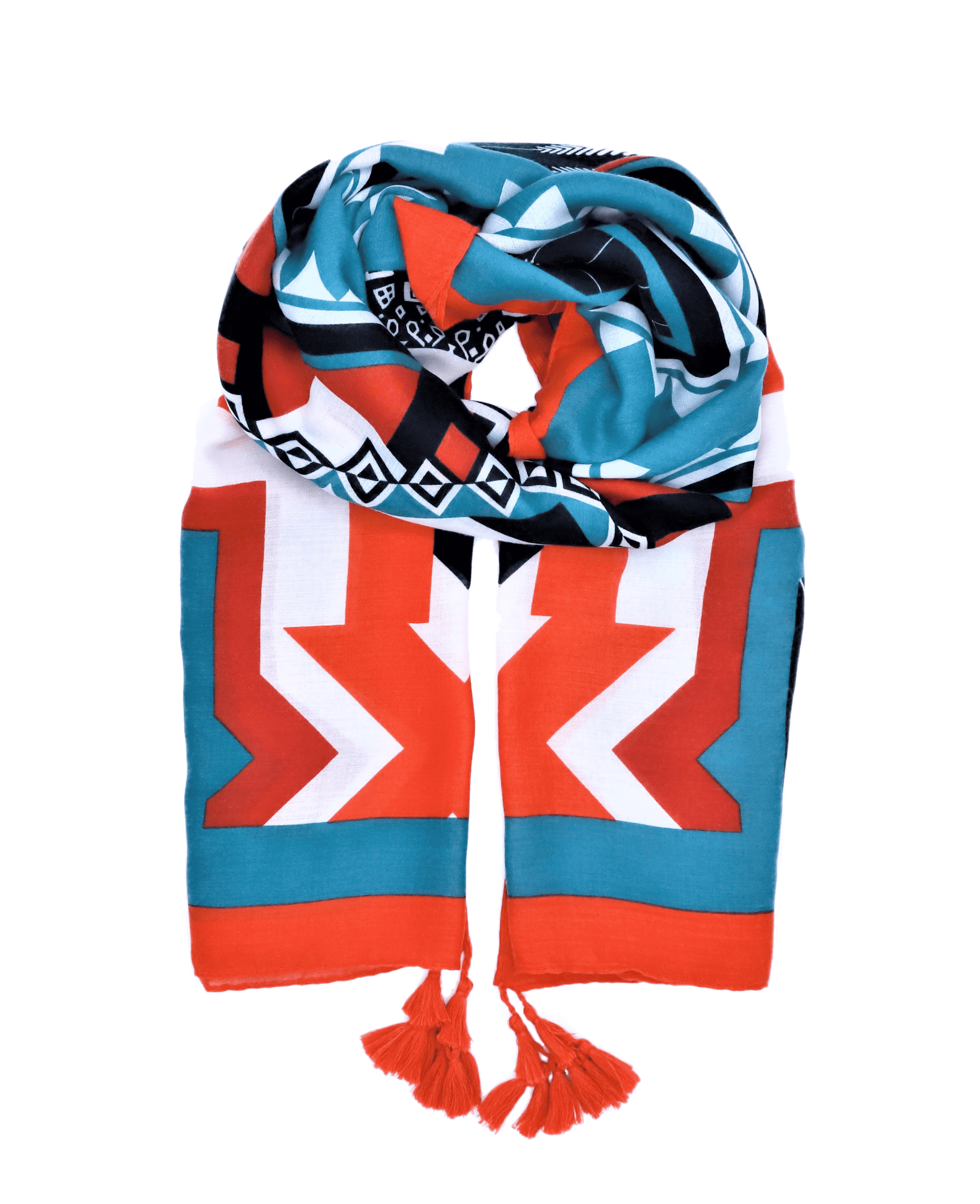 This is a soft XL-size viscose beach pareo and scarf for women with trendy tassels in modern geometric prints in black, turquoise and red to give you a happy, fresh and modern look. This is a sustainable and vegan PETA certified pareo made from sustainably sourced viscose. This versatile pareo can be used as a skirt, dress, scarf or shawl.