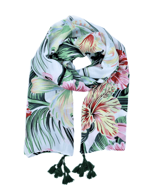 This is a soft XL-size viscose beach pareo and scarf for women with trendy tassels in modern tropical print in green, yellow and pink to give you a happy, fresh and modern look. It is a sustainable and vegan PETA certified pareo made from sustainably sourced viscose. This versatile pareo can be used as a skirt, dress, scarf or shawl.