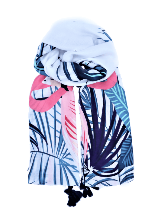 This is a soft XL-size viscose beach pareo and scarf for women with trendy tassels in modern flamingo prints in white, blue and pink to give you a happy, fresh and modern look. It is a sustainable and vegan PETA certified pareo made from sustainably sourced viscose. This versatile pareo can be used as a skirt, dress, scarf or shawl.