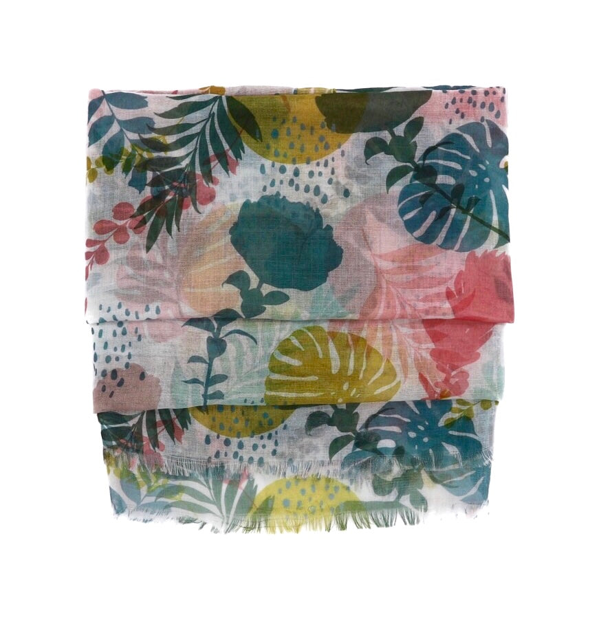 This cotton scarf is our elegant, soft and light scarf for women designed with tropical flowers pattern in pastel green, pink, mustard yellow colors to give you a happy, fresh and modern look. This is a sustainable and vegan scarf made from 75% cotton and 25% recycled polyester.